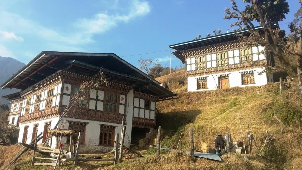 Two traditional Bhutanese farmhouses on a village hillside, their upper floors lined with painted timber windows