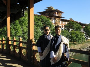 Ted & Razlan dressed in Gho at the Punakha Dzong